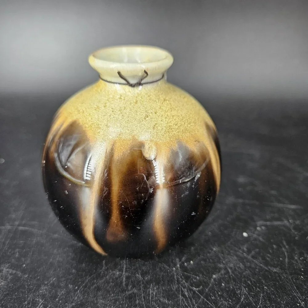 Ceramic Bud Vase Drip Glaze Brown Black Tan Mini Round Serenity Charm Incense 3